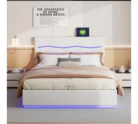 MCDSAJ Marco de cama tapizado con LED, base de cama de almacenamiento elevable, marco de cama de plataforma con espacio de almacenamiento, soporte de listones de madera maciza (beige, 180 x 200 cm)