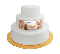 MCE-Commerce A3995994 - Molde de poliestireno, 3 estantes, diámetro 10/15/20 cm, altura 15 cm, fondo para tartas doradas, tartas de cumpleaños, tartas, color blanco, 20 cm de diámetro
