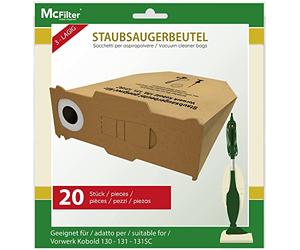 McFilter | 20 bolsas de aspiración adecuadas para los modelos Vorwerk Kobold 130, 131 y SC, disco de cubierta extrafuerte con junta de goma y pestaña resistente