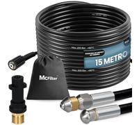 McFilter I Juego universal de mangueras para limpieza de tuberías, 15 m, 200 bar, con adaptador, boquillas fijas + giratorias, compatible con limpiadoras de alta presión Kärcher K2 K3 K4 K5 K6 K7