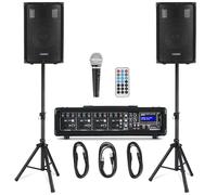 McGrey BP-210 Bandpack PA, Mezclador 4 Canales, reverberación Digital, Bluetooth, USB/SD, Altavoces 2 vías con woofer 10", Incluye micrófono, Soportes, Cables, 100W.