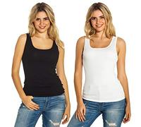 Mcilia Camiseta Bien Acanalada Elástica Suave para Mujeres de 2-Paquetes Negro/Blanco Crema Tamaño L (UE 42 44)