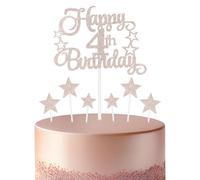 mciskin Decoraciones de cumpleaños número 4 para niñas, adornos personalizados para cupcakes de 4º cumpleaños para pasteles, decoración de pastel de oro rosa con purpurina para niñas, niños, mujeres y
