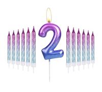 mciskin i-QiQi Velas de 2º cumpleaños Vela Degradada de Color Morado a Azul con 12 Velas en Espiral Degradada para Velas de Pastel número 2 para decoración de Tartas de 2 cumpleaños Feliz, Fiesta de