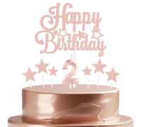 mciskin Juego de velas de cumpleaños de oro rosa, decoraciones de segundo cumpleaños para niña, vela número 2 para pastel, velas de oro rosa con estrella para niñas y mujeres, decoraciones de