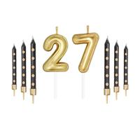 mciskin Juego de velas doradas de 27 números con barra larga dorada y negra, velas de feliz cumpleaños para niña, velas de pastel doradas para decoración de pastel para mujeres y hombres, decoraciones