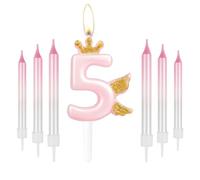 mciskin Velas con números de feliz 5 cumpleaños,corona dorada con velas de ala para pastel,decoraciones de cumpleaños rosas para ella,bonita decoración de pastel de 5 velas para niñas y mujeres