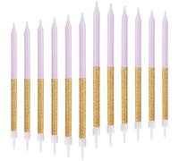 mciskin Velas de cumpleaños de oro morado para pastel, 12 velas moradas para decoración de tartas para fiesta de cumpleaños, velas largas doradas brillantes, velas altas con purpurina, baby showers