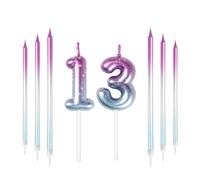 mciskin Velas de cumpleaños número 13 en púrpura y azul, vela larga y número 13 de color para pastel, decoraciones de cumpleaños número 13 para niñas y niños, adornos de pastel en púrpura y azul
