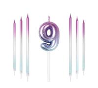 mciskin Velas de cumpleaños número 9, color morado y azul, velas largas y número 9 para tartas, decoraciones de cumpleaños número 9 para niñas y niños, adornos para tartas de color morado y azul