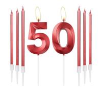 mciskin Velas de Cumpleaños Rojas Número 50 - Vela con Diseño 3D Número 50 para Tarta con Set de 6 Velas Largas/Finas, Decoración de Tarta Roja para Mujeres Decoraciones de 50º Cumpleaños Suministros