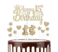mciskin Velas de feliz cumpleaños número 15, vela de corona número 15 para pasteles, decoración de cumpleaños de 15 años, decoración de pastel para mujeres, fiesta de cumpleaños, aniversario de boda