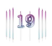 mciskin Velas decorativas con números de 19 cumpleaños, velas coloridas de 19 velas con juego de velas largas moradas y azules, velas para tartas, decoración de tartas para niños, niñas, hombres