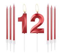 mciskin Velas Rojas de 12 Cumpleaños - Diseño 3D Número 12 Vela para Tarta con Set de 6 Velas Largas/Finas, Decoración Roja para Tarta para Niña Suministros de Decoraciones de 12º Cumpleaños