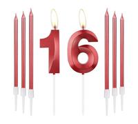 mciskin Velas Rojas de 16 Cumpleaños-Diseño 3D Número 16 Vela para Pastel con Set de 6 Velas Largas/Delgadas, Decoración Roja para Pastel para Niña Suministros de Decoraciones de 16 Cumpleaños
