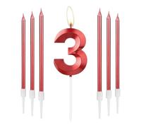 mciskin Velas Rojas de 3 Cumpleaños - Vela de Diseño 3D Número 3 para Tarta con Set de 6 Velas Largas/Finas, Decoración Roja para Tarta para 3er Cumpleaños de Niña, Suministros de Decoraciones