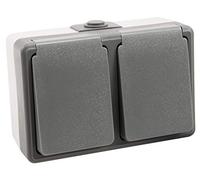 McPower SECURE - Enchufe doble para ambientes húmedos, IP44, a prueba de salpicaduras, 250 V ~/16 A, protección de contacto, resistente para exteriores, habitaciones húmedas, color gris
