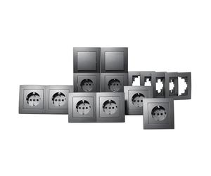 McPower Set de Interruptores y Enchufes Flair | Standard 20 piezas | 2x interruptores, 8x enchufes, 4x marcos dobles, 6x marcos simples, 250V, antracita