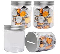 Mczcent Hucha Pequeña - 4 Piezas, Huchas Transparente de Plástico para Monedas, Small Mini Alcancia Coin Money Tip Piggy Bank Box Jar Hucha para Niños Niñas Adolescentes Adultos, Plata