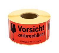 MD Labels Pegatinas de precaución frágiles, 100 x 50 mm, 500 unidades, con texto en alemán "Vorsicht Glas & Handle with Care", pegatinas de mudanza para paquetes, cajas de cartón, transporte y