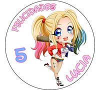 MDA Foto Comestible, OBLEA o Papel de AZÚCAR, HARLEY-QUIN, Foto Personalizada con Nombre, Edad y Texto, para Tartas y Magdalenas de Cumpleaños, Varios Tamaños. Disco