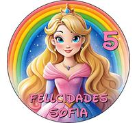 MDA Foto Comestible, OBLEA o Papel de AZÚCAR, PRINCESA, Personalizada Foto con Nombre, Edad y Texto, para Tartas y Magladenas de Cumpleaños, Varios Tamaños.