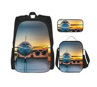 MDATT Aircraft Plane at Sunsets Mochilas de estudio con lonchera estuche de lona bolsa de viaje para estudiantes de primaria, Black, Talla única, Juego de mochila escolar