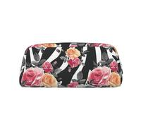 MDATT Bolsa de cuero con estampado de rayas de cebra y flores de rosas para estudiantes, bolsa con cremallera para bolígrafos, lápices, marcadores, Silver, Talla única, Neceser de maquillaje