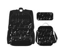 MDATT Bonita mochila con diseño de búho con lonchera y estuche de lápices de 3 pulgadas, mochilas Kawaii con bolsa de almuerzo a juego, Notas musicales negras, Talla única, Mochilas daypack