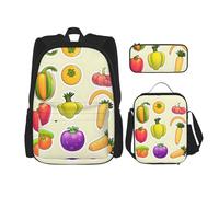 MDATT Bonita mochila de pug de chihuahua con lonchera y estuche de lápices de 3 pulgadas, mochilas kawaii con bolsa de almuerzo a juego, Frutas vegetales de dibujos animados, Talla única, Mochilas de