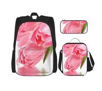 MDATT Bonita mochila floral rosa con fiambrera, mochila de anime, mochila escolar, mochila para libros, juego de mochila para tres personas, Black, Talla única, Juego de mochila escolar
