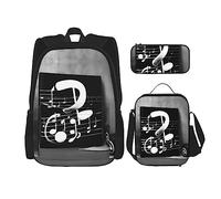 MDATT Bonita mochila marrón con diseño de búho de dibujos animados con lonchera y estuche de lápices de 3 pulgadas, mochilas Kawaii con bolsa de almuerzo a juego, Nota musical en blanco y negro, Talla