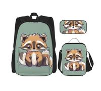 MDATT Bonita mochila marrón con diseño de búho de dibujos animados con lonchera y estuche de lápices de 3 pulgadas, mochilas Kawaii con bolsa de almuerzo a juego, Lindo mapache de dibujos animados,
