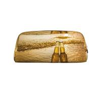 MDATT Botellas de cerveza, playa, puesta de sol, impresión de tiempo, bonito estuche de cuero para lápices para estudiantes, bolsa con cremallera para bolígrafos, lápices, marcadores, Gold, Talla