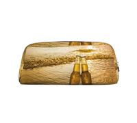 MDATT Botellas de cerveza, playa, puesta de sol, impresión de tiempo, bonito estuche de cuero para lápices para estudiantes, bolsa con cremallera para bolígrafos, lápices, marcadores, Silver, Talla