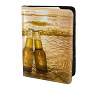 MDATT Botellas de cerveza playa puesta de sol impresión hora de cuero vacuno cartera pasaporte para mujeres y hombres, organizador de documentos, soporte para pasaportes para viajes, Black, Talla