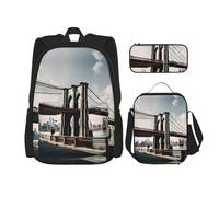 MDATT Brooklyn Bridge S Mochilas de estudio con lonchera y estuche de lona para estudiantes de primaria, Black, Talla única, Juego de mochila escolar
