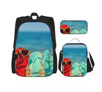 MDATT Coloridas chanclas de playa mochila con fiambrera, mochila de anime, mochila escolar, mochila para libros, juego de mochila para tres personas, Black, Talla única, Juego de mochila escolar