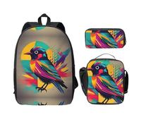 MDATT Coloridas mochilas de pájaros con bolsa de almuerzo, estuche para lápices, bolsa de libros ligera para viajes de camping, Negro , talla única, Organizador de bolsillo
