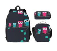MDATT Cute Owls - Mochila versátil con bolsa de almuerzo, estuche para lápices, equipo de viaje ligero para uso diario, Black, Talla única, Organizador de bolsas