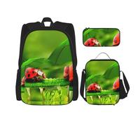 MDATT Divertida mochila con diseño de mariquita con lonchera y bolsa de anime, mochila escolar, mochila para tres personas, Black, Talla única, Juego de mochila escolar