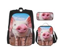 MDATT Divertida mochila de cerdo con fiambrera, mochila de anime, mochila escolar, mochila para libros, juego de mochila para tres personas, Black, Talla única, Juego de mochila escolar