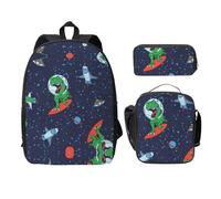 MDATT Divertida mochila versátil con diseño de cohete de dinosaurio astronauta con bolsa de almuerzo, estuche para lápices, equipo de viaje ligero para uso diario, Black, Talla única, Organizador de