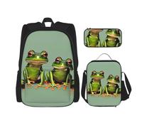 MDATT Divertidas mochilas de estudio con diseño de ranas verdes, con lonchera, estuche de lona, bolsa de viaje para estudiantes de primaria, Black, Talla única, Juego de mochila escolar