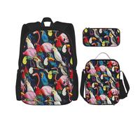 MDATT Flamingo Tropical Wildlife - Mochila con fiambrera, mochila de anime, mochila escolar, mochila para libros, juego de mochila para tres personas, Black, Talla única, Juego de mochila escolar