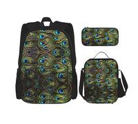 MDATT Fresh Peacock - Mochila escolar para niñas, con lonchera y estuche 3 en 1, diseño de pavo real, Pavo real fresco, Talla única
