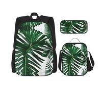 MDATT Green Palm Leafs Mochilas de estudio con lonchera y estuche de lona para estudiantes de primaria, Black, Talla única, Juego de mochila escolar