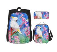MDATT Hermosa mochila con diseño de cacatúa y flores con fiambrera, mochila de anime, mochila escolar, mochila para tres personas, Black, Talla única, Juego de mochila escolar