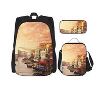 MDATT Hermosa mochila con vista al canal de Venecia con fiambrera, mochila de anime, mochila escolar, mochila para tres personas, Black, Talla única, Juego de mochila escolar