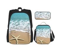 MDATT Hermosa mochila de arena con diseño de estrella de mar en la playa con fiambrera, mochila de anime, mochila escolar, mochila para tres personas, Black, Talla única, Juego de mochila escolar